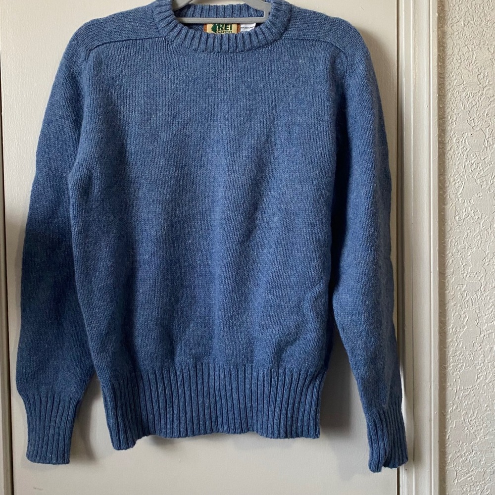 REI Co-op Womens Blue Wool Blend Crewneck Knit Sweater Ribbed Trim Heritage S